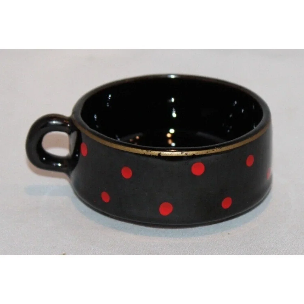 vintage 3 stack tea pot with creamer & cup black red polka dots gold trim Japan